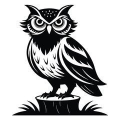 Stylized Black and White Owl Perched on Tree Stump with Grass Illustration