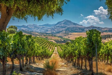 Naklejka premium Vineyards stretch toward a mountain range