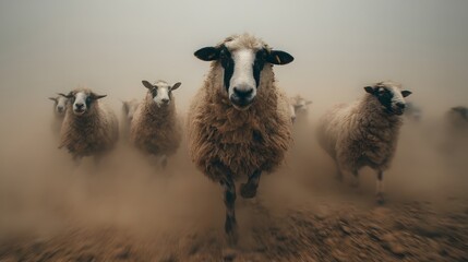 Fototapeta premium Herd of Sheep Running Through Dusty Field on Foggy Day in Nature