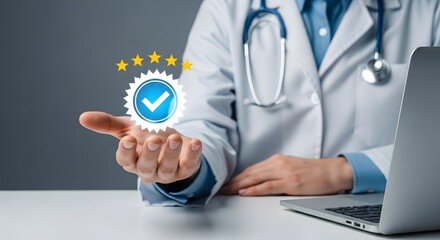 Doctor reviewing, Physician Reviewing Telemedicine Service Online, Awarding Five Stars for Patient Satisfaction. medical concept. Great for medical feedback. business concept.