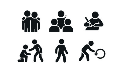 vector solid black filled icons gentle bravery (daily life): comforting friend speaking in group writing letter offering help standing up trying again.