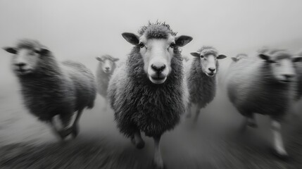 Fototapeta premium Flock of Sheep Running in Misty Landscape during Early Morning Hours