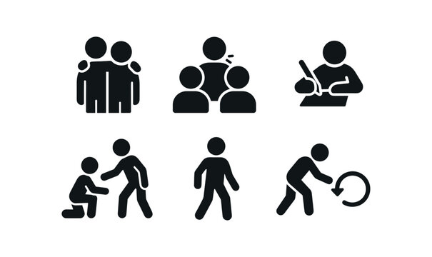 vector solid black filled icons gentle bravery (daily life): comforting friend speaking in group writing letter offering help standing up trying again.