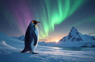 Fototapeta premium Majestic penguin stands on snow-covered ground beneath vibrant aurora borealis in Antarctic landscape. Winter scene features icy mountains, calm water, and twilight sky with soft sunlight.