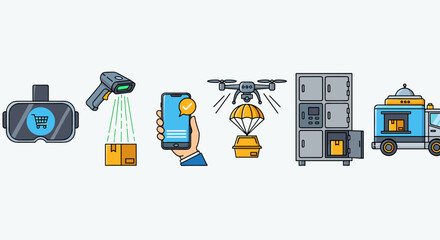 Illustration representing modern delivery methods including vr scanner phone drone and truck lockers
