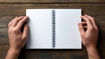 Obraz premium Open Blank Notebook on a Wooden Table With Hands Ready to Write, Inviting Creativity and Inspiration in a Calm Workspace