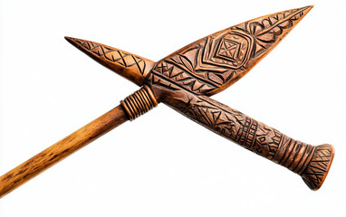 Handcrafted Indigenous Spear with Tribal Carvings Isolated On White Background.