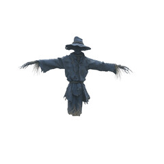 Fototapeta premium Creepy scarecrow stands with arms open, evoking spooky Halloween vibes and eerie atmosphere