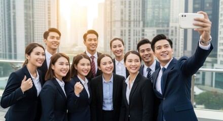 A group of business professionals taking a selfie in an urban setting.