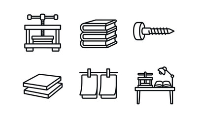 vector outline icons bookbinder (pressing process): wooden press stacked books metal screw smooth boards drying sheets workspace.