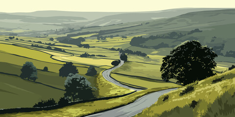 Stylized vector illustration of a winding road through a serene, green rural valley with rolling hills and trees.