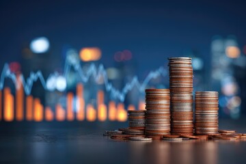 Stacks of coins rise against a backdrop of financial charts and cityscape lights