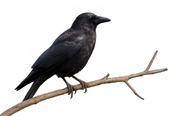 Black crow perching on bare branch with transparent background