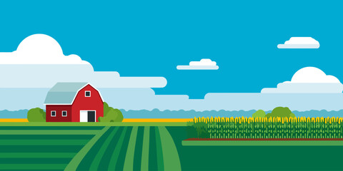 Vibrant flat design illustration of a rural farm landscape with a red barn, green fields, and a cornfield under a blue sky.