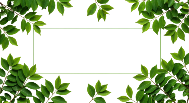 Symmetrically framed transparent banner with lush, vibrant green leaves and slender branches, soft diffused studio light, shadowless look, natural simplicity concept