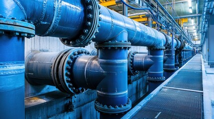 A large, industrial water treatment plant with blue pipes and yellow lights, featuring a walkway and various machinery in the background.