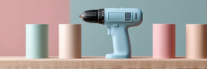 Modern Professional Close-Up of High-Quality 18 Volt Lithium-Ion Cordless Power Drill on Wooden Board for Construction Marketing and Social Media Campaigns