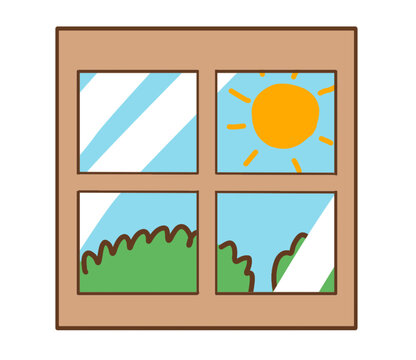 Sunny Morning Window View with Blue Sky and Green Trees