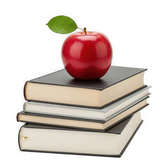 A bright red apple with a green leaf rests atop a stack of four hardcover books, isolated on a transparent background, symbolizing education and knowledge