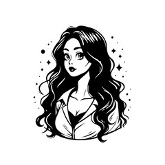 Elegant brunette graphic illustration captivating woman with flowing hair rendered in monochrome