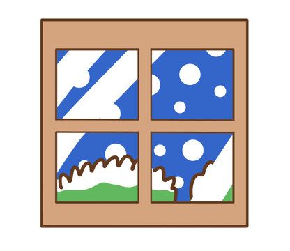 Snowy Winter Window Scene with Falling Snow and White Trees