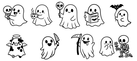 Set of ghosts for Halloween. ghost with skull ice cream, skull cup, skull lollipop, spooky book, bat balloon, angel cow costume, knife, scythe, skeleton holding flower