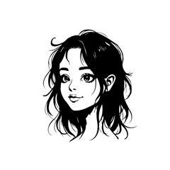 Elegant girl head black and white illustration creating a dreamy youthful appearance with delicate