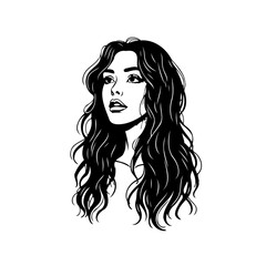 Elegant female portrait showcasing flowing dark tresses in a minimalist black and white