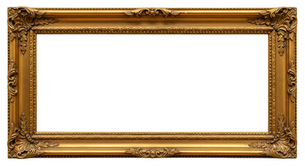 Opulent, intricately carved antique gold picture frame with rich reflective tones, set against a pristine transparent studio background with ample negative space. Concept of luxury branding and