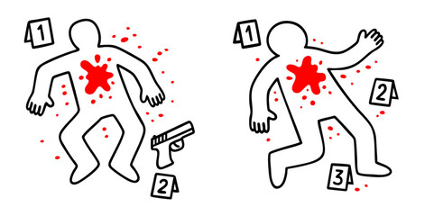 Crime scene outline with body silhouette, blood splatter and gun evidence markers, forensic investigation
