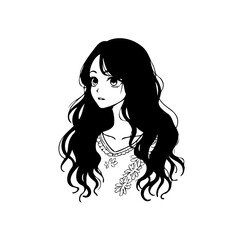 Elegant monochromatic illustration of a serene young woman with cascading hair and floral details