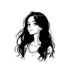 Elegant monochrome depiction of a girl with flowing hair showcasing a captivating artistic drawing