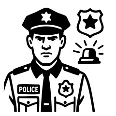 Police officer in uniform with stern facial expression, badge and hat, symbol of law enforcement authority and protection, strong serious look representing security, justice and duty