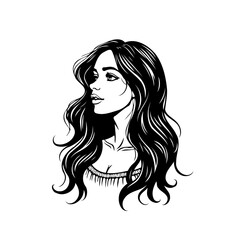 Elegant monochrome illustration showcasing a stylish woman with flowing hair against a clean