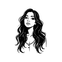 Elegant monochrome portrait displaying a woman with flowing dark hair in simplistic design artistry