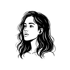 Elegant monochrome portrait drawing showcasing a woman's contemplative gaze and flowing hair with
