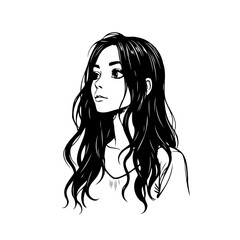 Elegant monochrome portrait showcasing the beauty of a young woman with flowing dark hair and