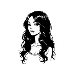 Elegant monochrome portrayal of a woman with wavy hair and expressive eyes showcasing minimalist
