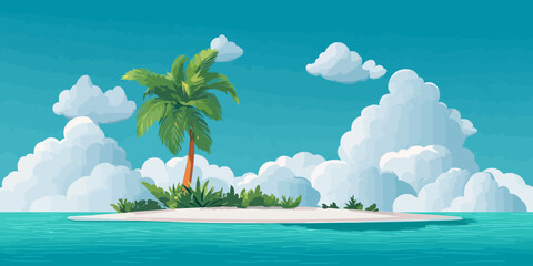 Stylized cartoon illustration of a deserted tropical island with a single palm tree and lush green foliage.