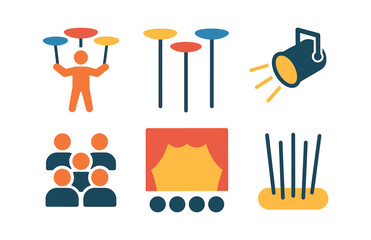 vector colorful flat filled icons plate spinning (stage): performer colorful plates sticks spotlight audience bright backdrop.