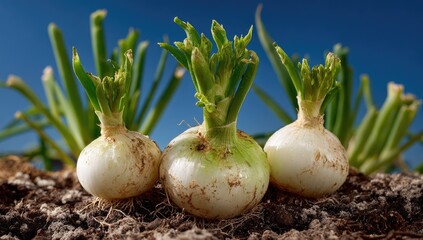 Three young onions emerge from rich earth, bright green shoots reaching for a clear blue sky