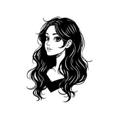 Elegant woman illustration with flowing black hair and detailed eyes showcasing beauty and grace