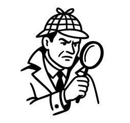 Serious detective character in trench coat with magnifying glass, stern facial expression and focused eyes, classic private investigator with hat and sharp look, mystery, crime solving and investigati