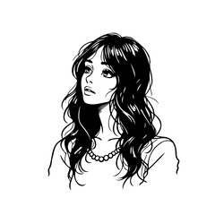 Elegant woman in monochrome drawing with flowing hair evokes a sense of thoughtful dreaming and