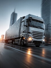 Modern Smart Logistics Truck in Urban Digital Network Motion Premium Professional Technology Content for Business Marketing and Advertising Campaigns