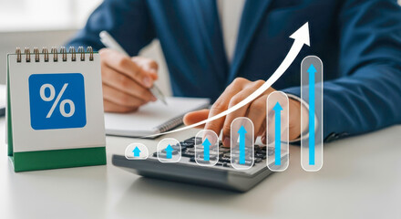 Person calculating profit with percentage calendar and growth chart overlay