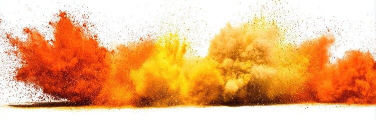 Explosive bursts of orange and yellow powder against a white background