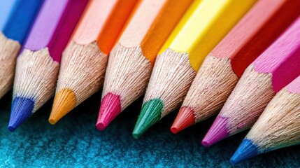 Fototapeta premium A close-up of a row of colorful pencils, with a focus on the tips of the pencils, showcasing the vibrant colors and textures.