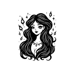 Enigmatic beauty with flowing tresses a bewitching woman illustration amidst ethereal sparks and