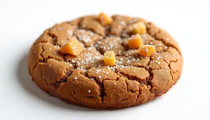 Fototapeta premium Single ginger nut cookie with ginger pieces, sugar crystals on white background. Delicious sweet biscuit offers satisfying crunch, spicy ginger flavor, perfect for coffee breaks as dessert treat.